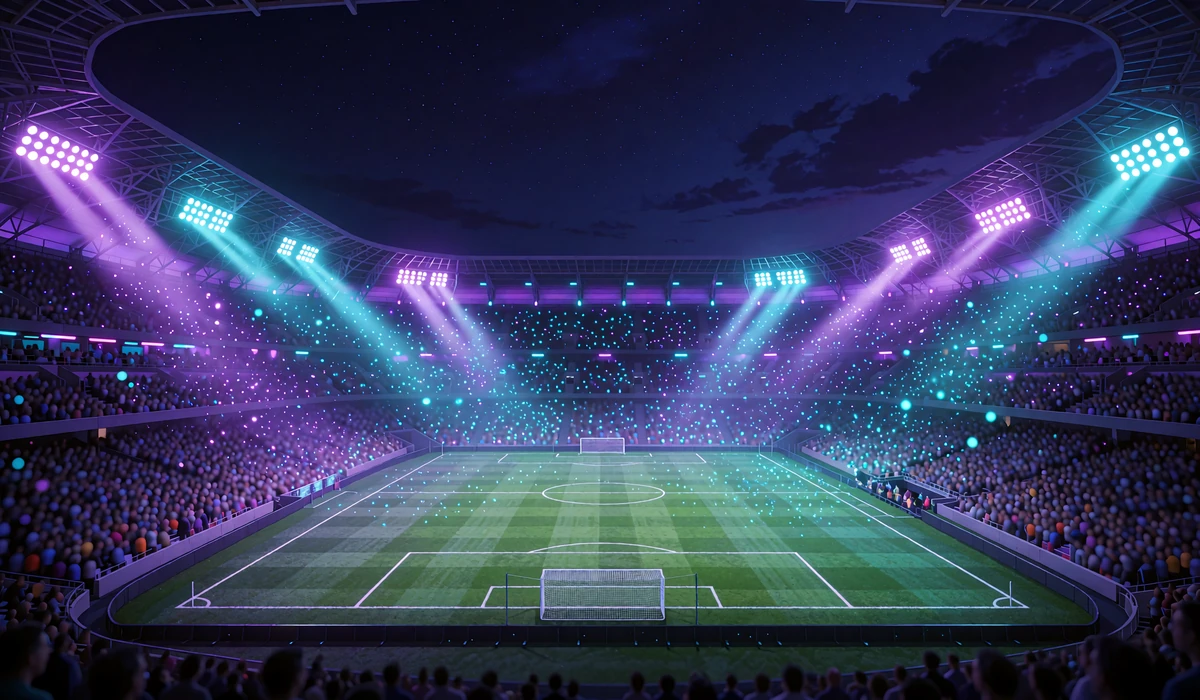 Fodboldstadion om aftenen med projekt&oslash;rer i violet og cyan over en gr&oslash;n bane, sportsbook hos WinBeatz
