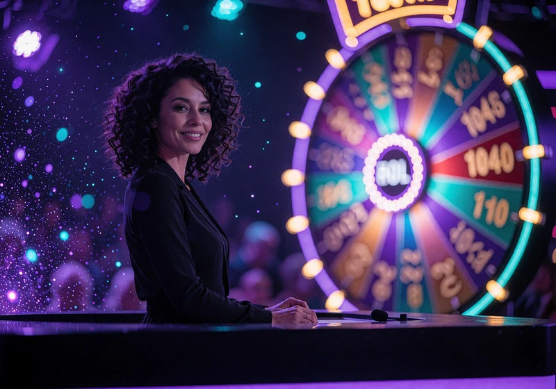 Game show-v&aelig;rt med m&oslash;rkt kr&oslash;llet h&aring;r foran et lysende pr&aelig;miehjul i et live casino-studie