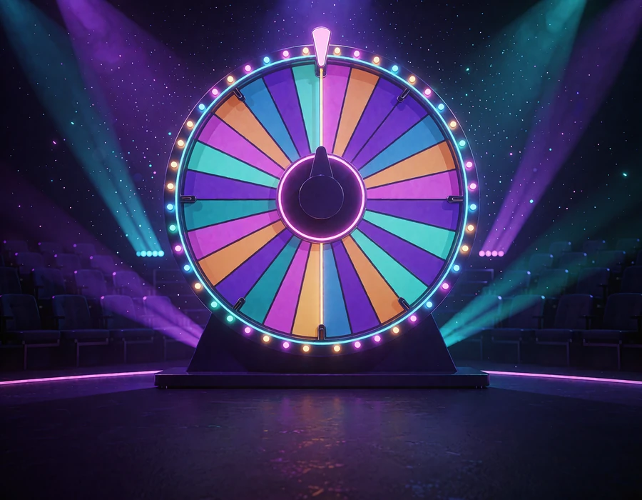 Stort pr&aelig;miehjul i et live game show-studie med violette og cyanfarvede lysstr&aring;ler, game shows hos WinBeatz