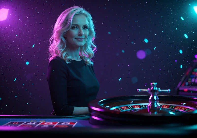Live roulette i WinBeatz-studiet: blond croupier ved siden af et roulettehjul i violet og cyan lys