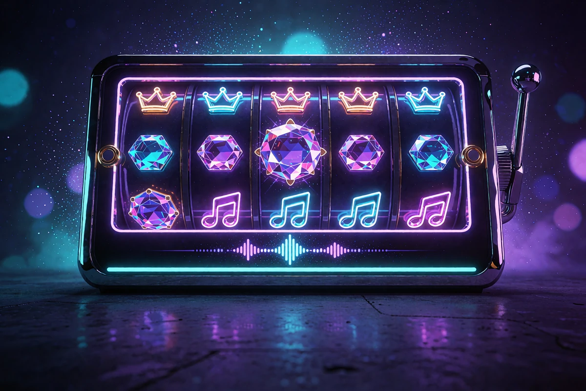 Moderne spilleautomat med fem lysende hjul i violet og cyan, som viser online slots hos WinBeatz Casino