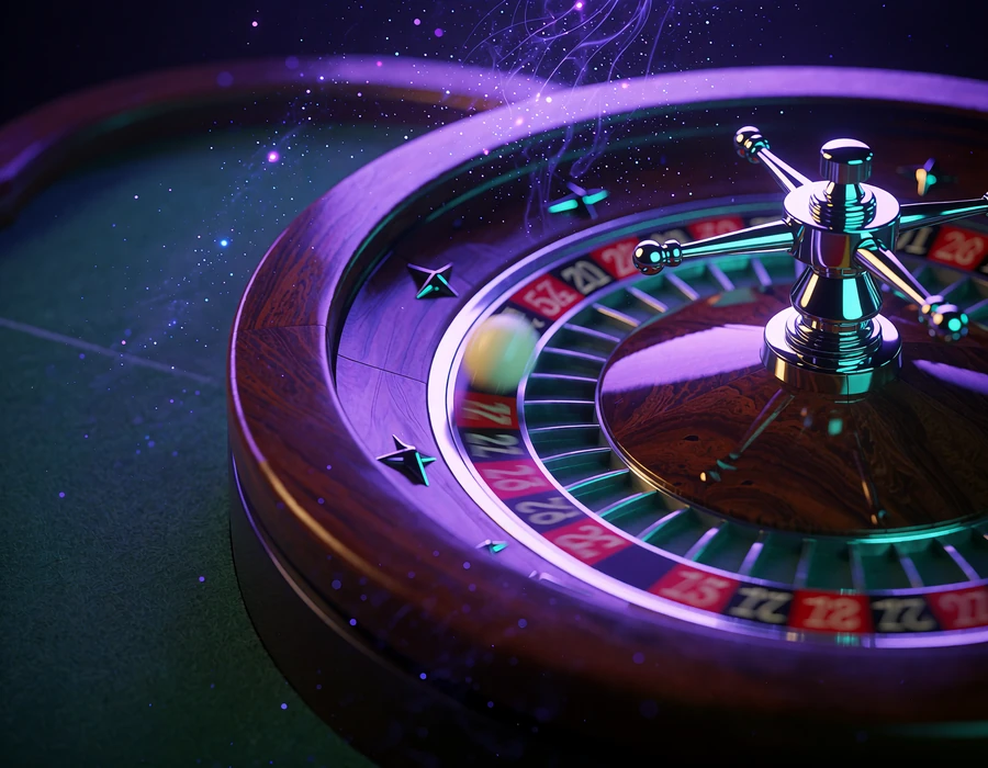 N&aelig;rbillede af et poleret roulettehjul med en kugle i bev&aelig;gelse og violet lys, live roulette hos WinBeatz