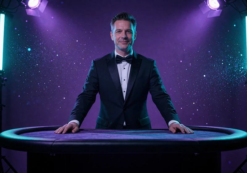 Mandlig dealer i smoking ved et m&oslash;rkt kortbord i WinBeatz live casino med violet studielys