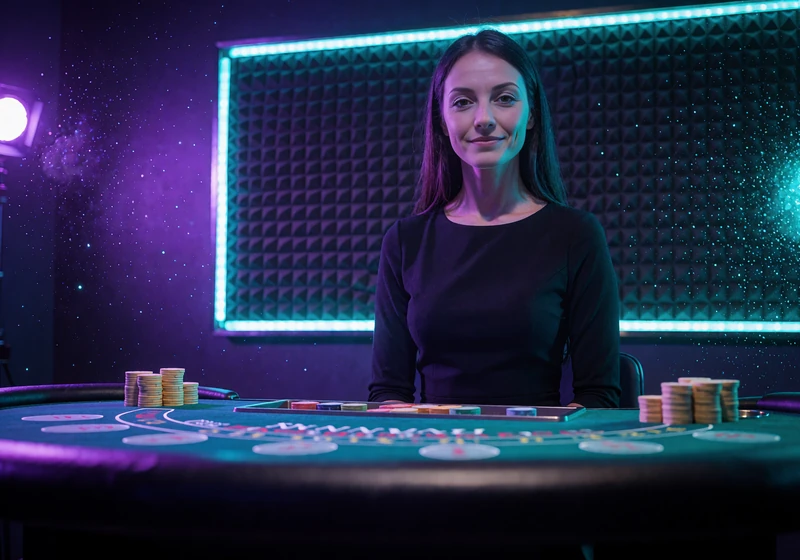 Live blackjack hos WinBeatz Casino: kvindelig dealer med m&oslash;rkt h&aring;r ved et gr&oslash;nt blackjackbord i neonlys