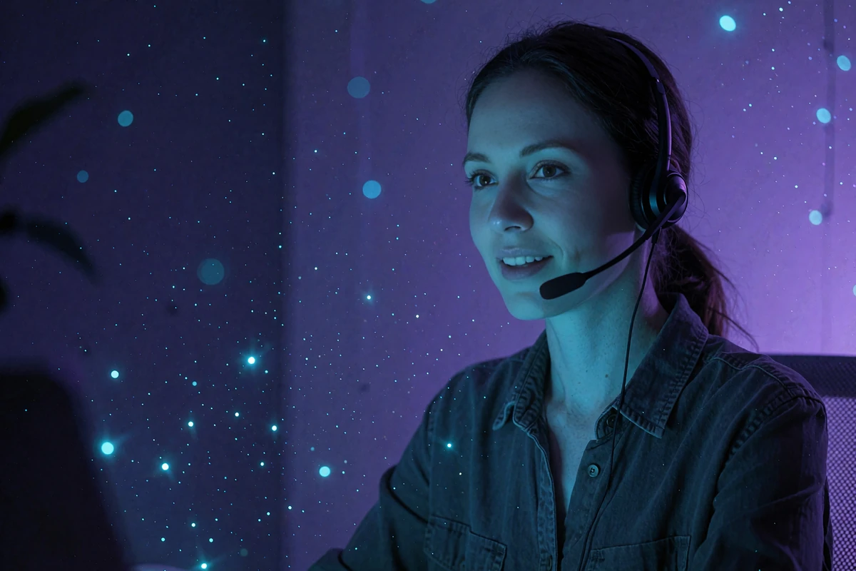Anonym kundesupportmedarbejder med sort headset ved et d&aelig;mpet kontor med violet lys - WinBeatz Casino support